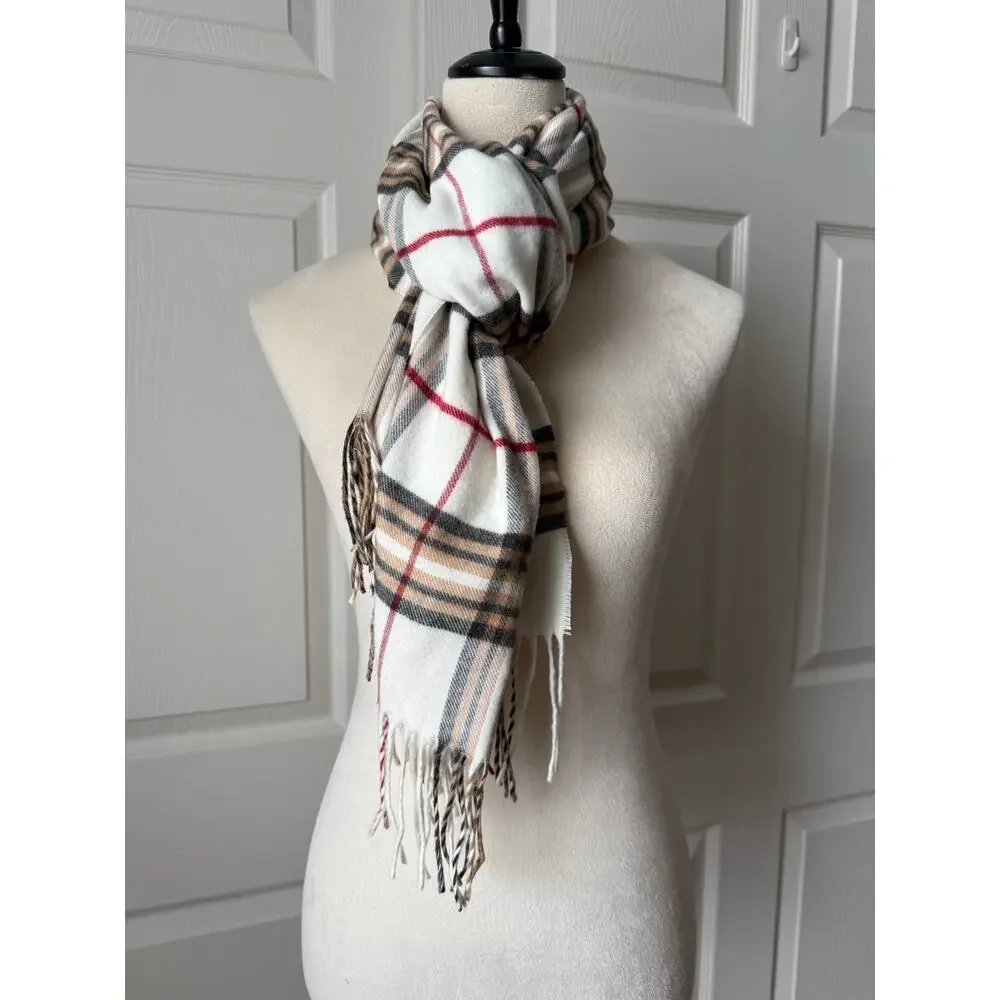 V. Fraas Cashmink Tartan Plaid Red White Tan Scarf | Made in Germany